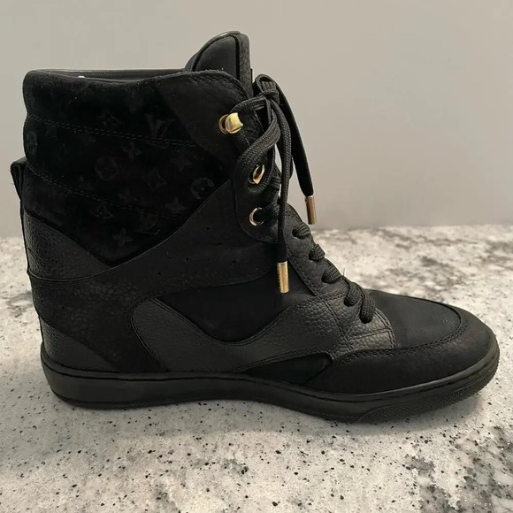 Louis Vuitton Millenium Wedge Sneakers Leather Embossed Suede Black Size 37 - Picture 5 of 15